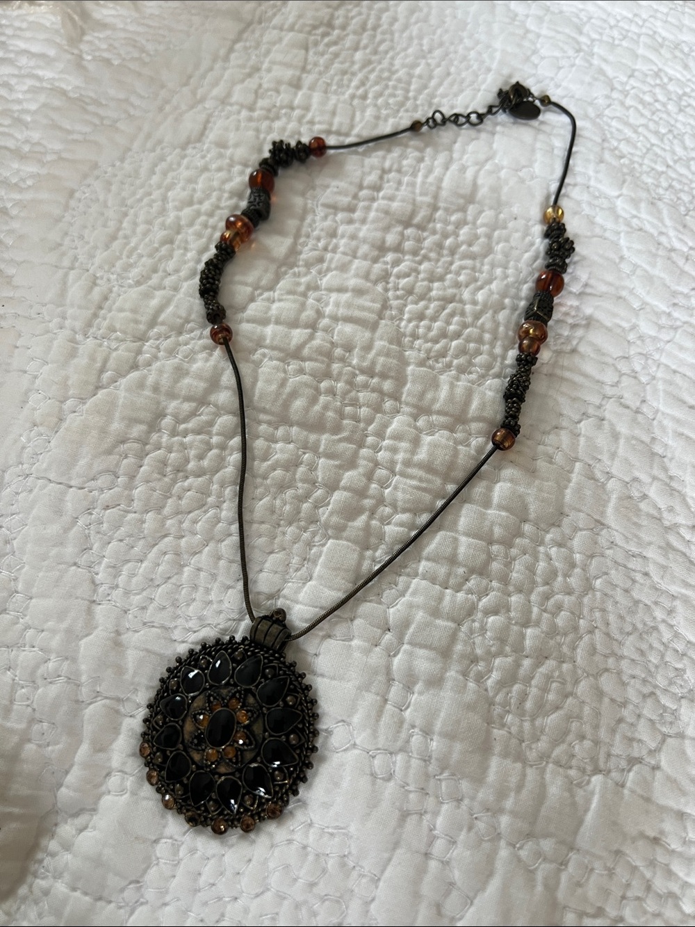 Black and Amber Beaded Filigree Pendant Necklace